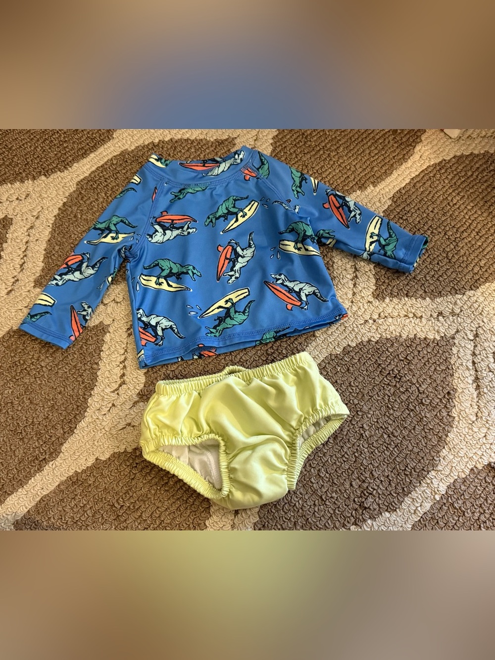 Kids Blue Dino Surf Long Sleeve Rash Guard Swim Set with Yellow Bikini Bottom